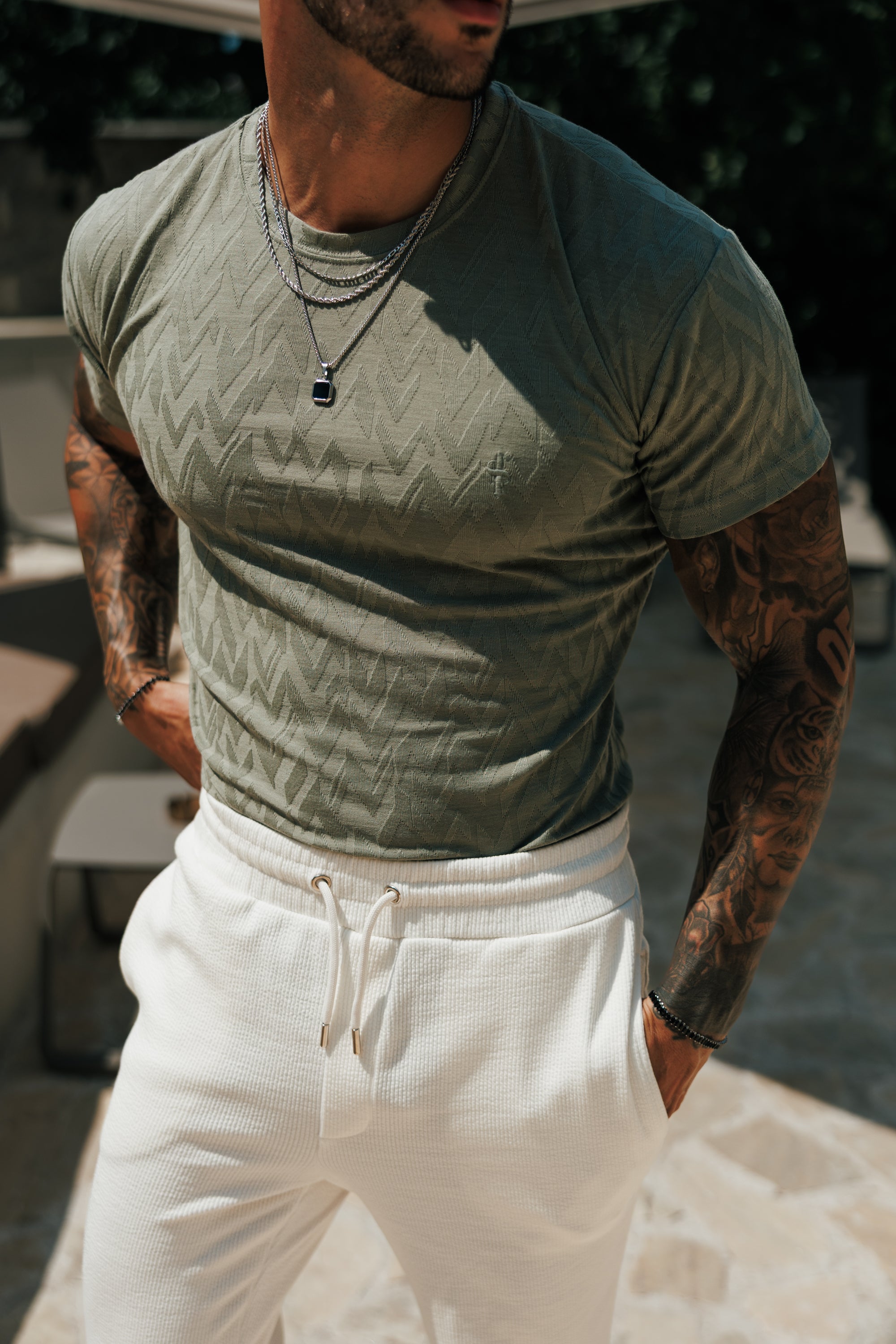Regular Fit Jacquard Olive Chevron T-Shirt - FSR065