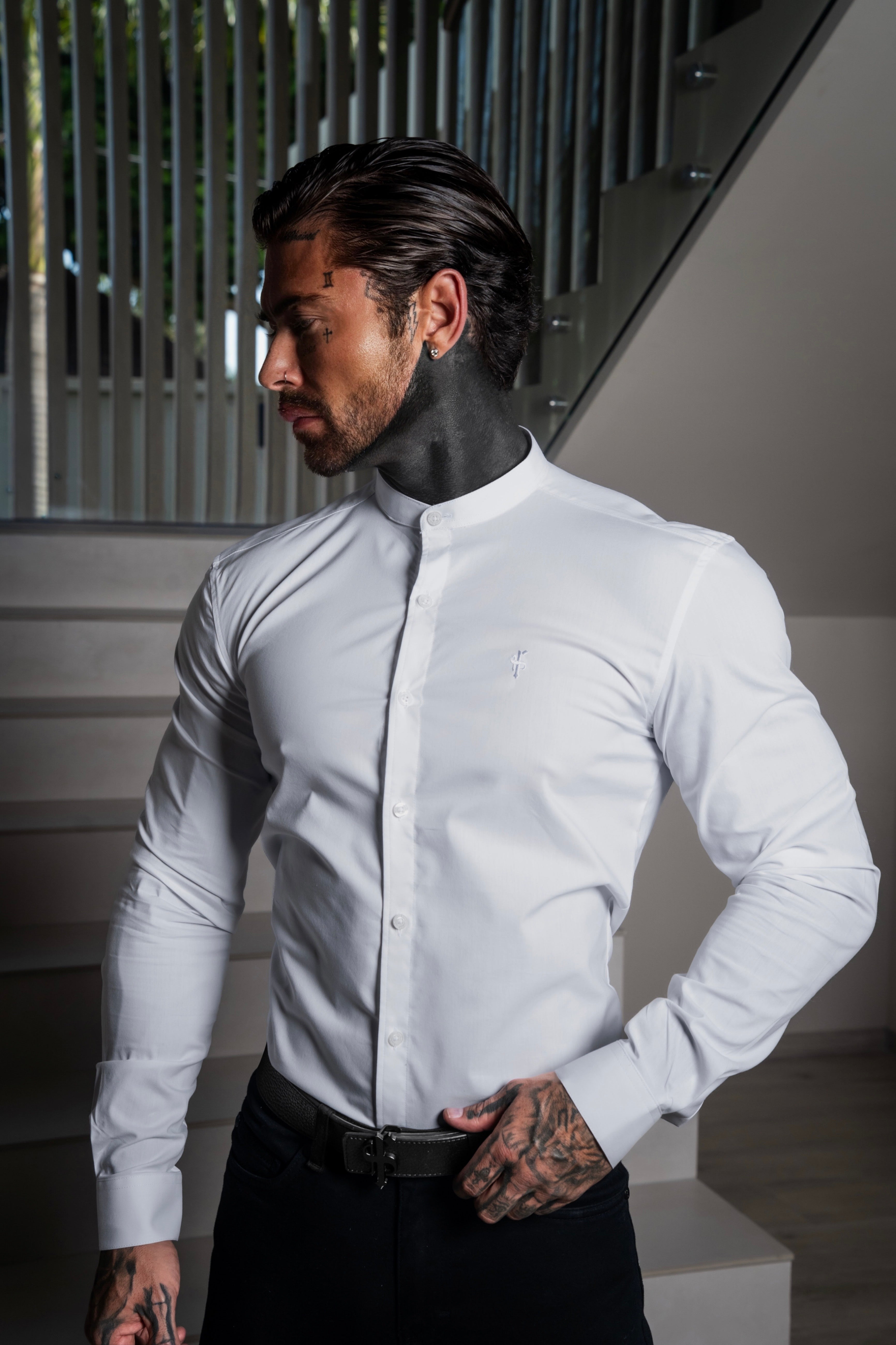 Apollo Classic Fit Stretch Black Grandad Collar Shirt - FS1249 Info