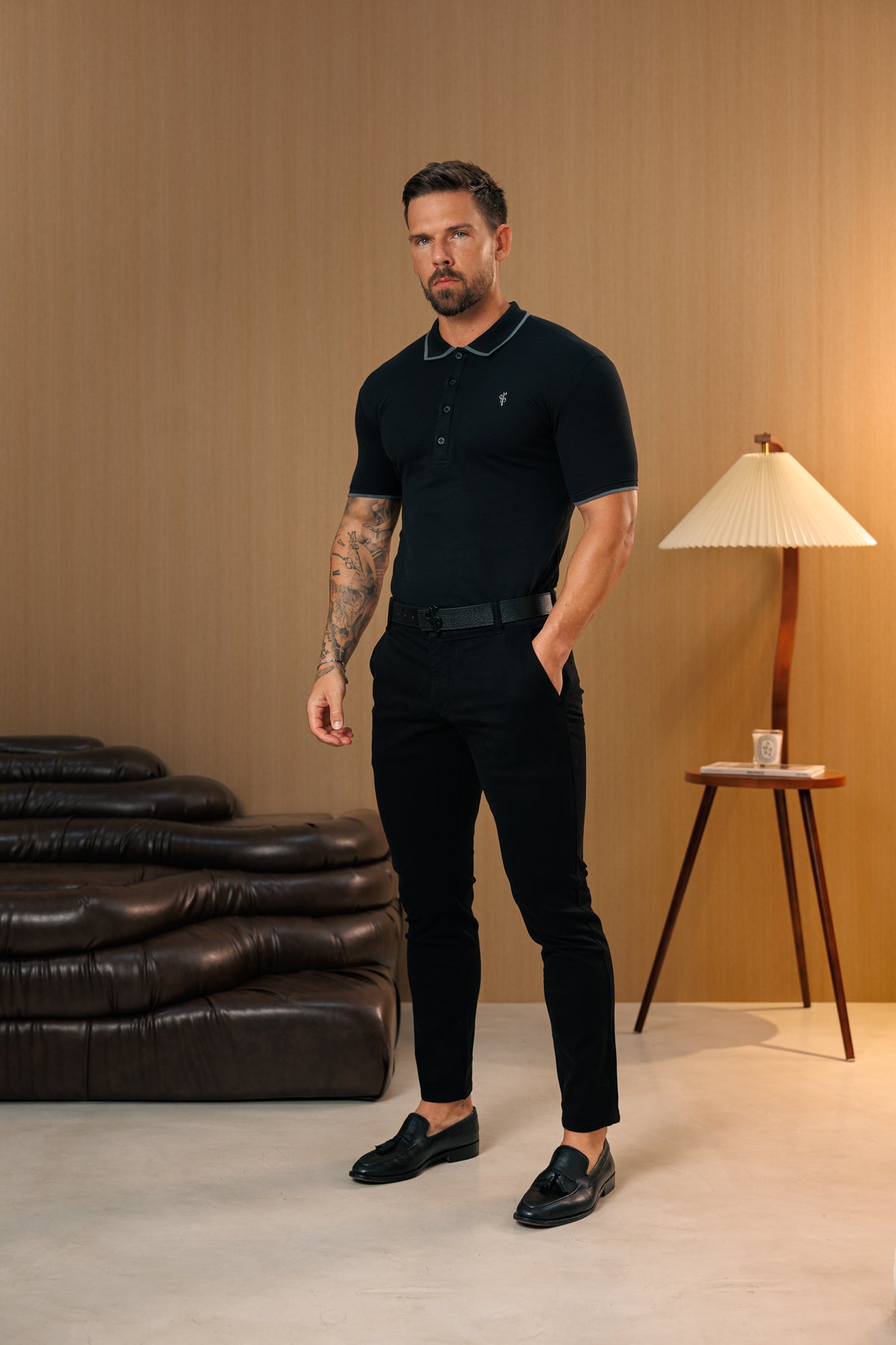 Black / Charcoal Polo Shirt With Contrast Collar and Sleeve - FSH1670
