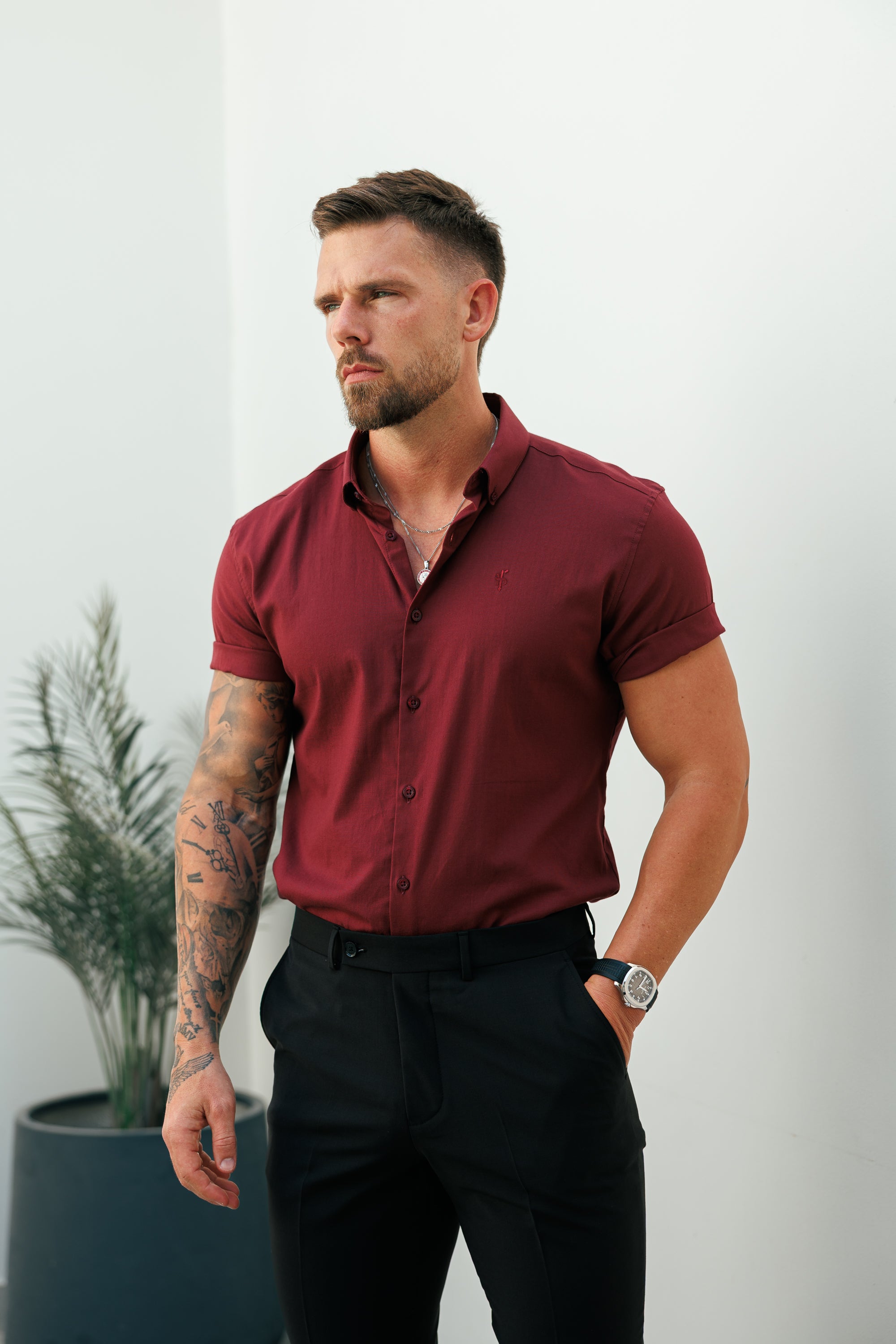 Classic Stretch Oxford Short Sleeve Oxblood / Burgundy with Button Down Collar - FS1213
