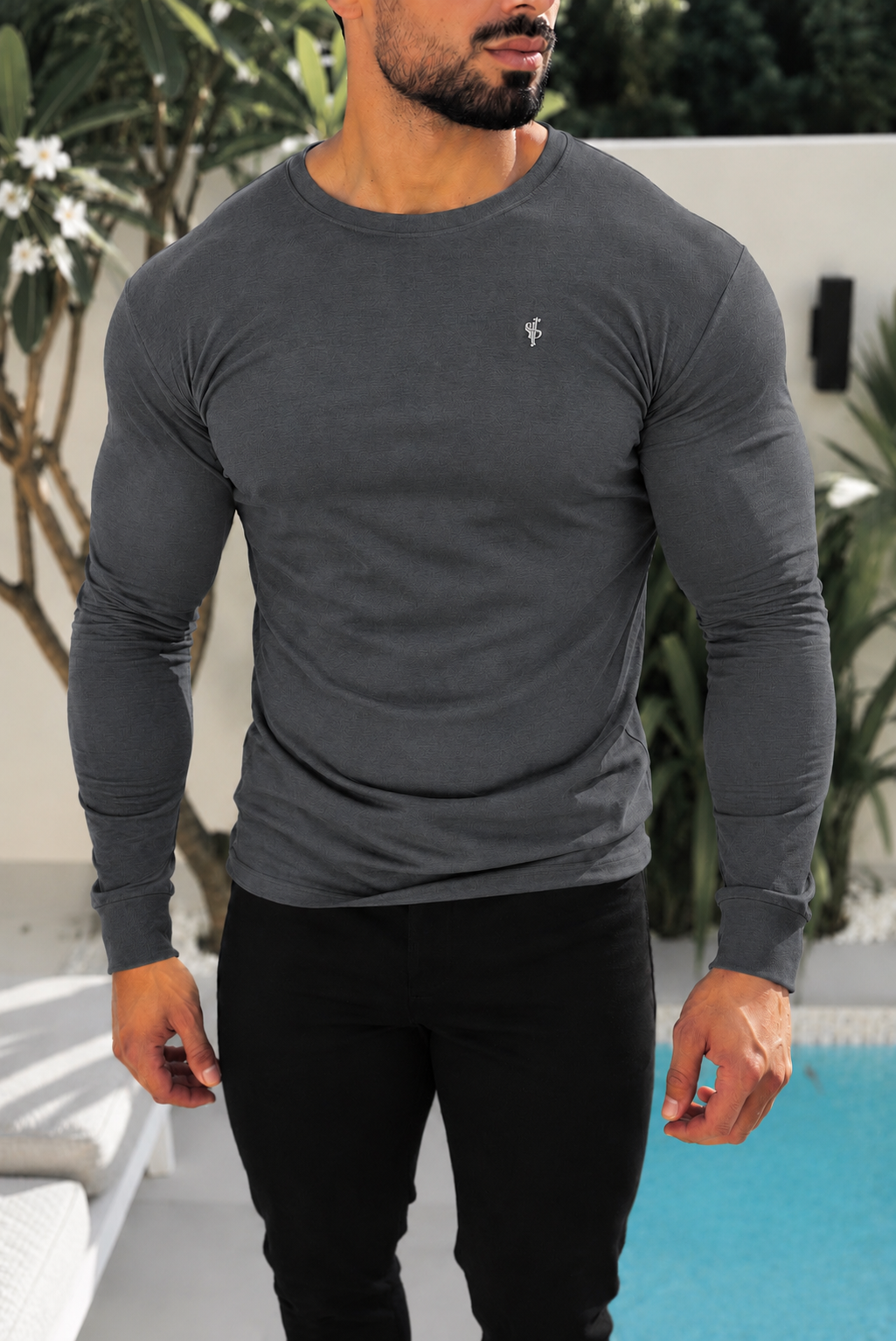 Charcoal / Silver Bamboo Crew T-Shirt Long Sleeve - FSH1687 (PRE ORDER 30TH OCTOBER)