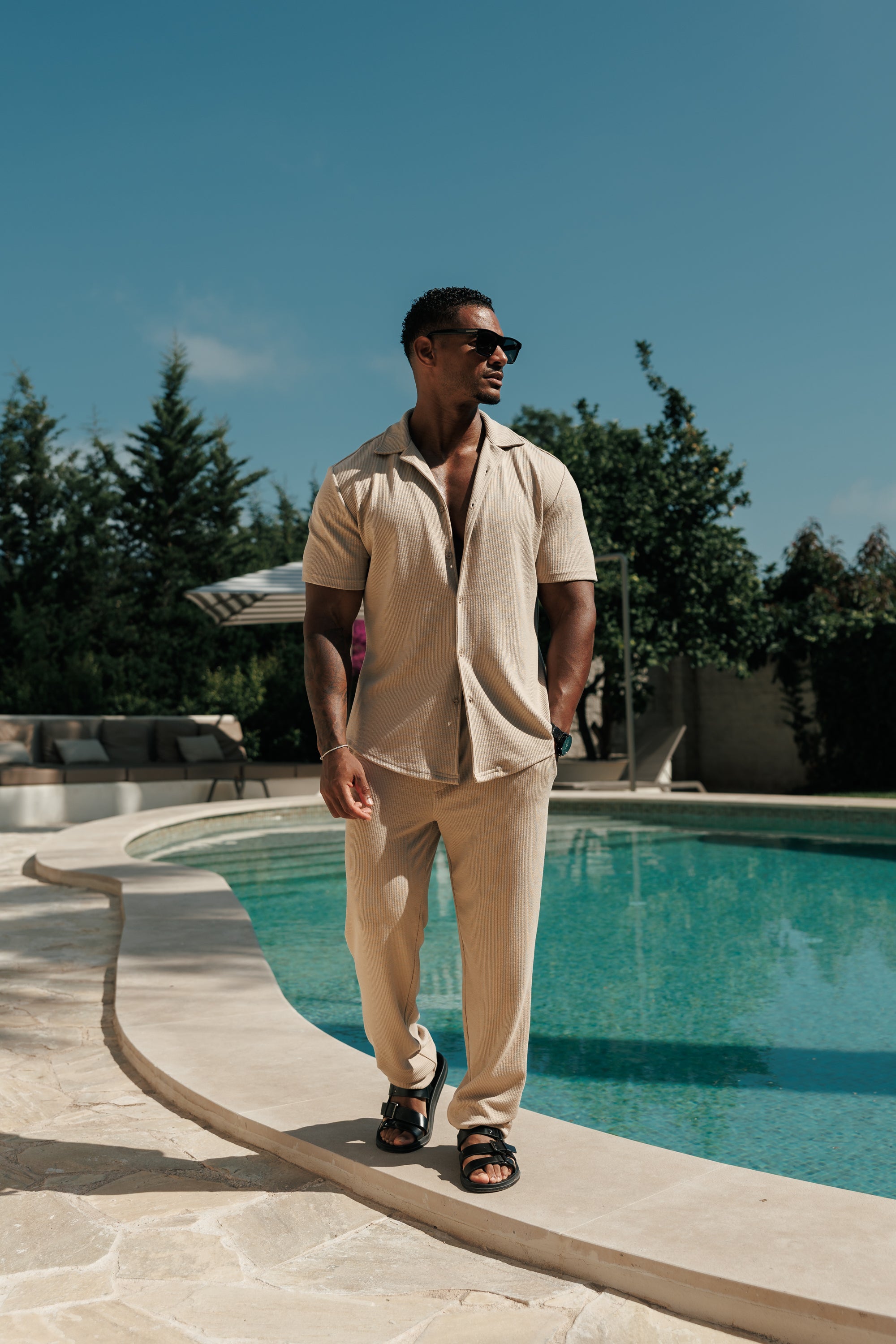 Jersey Cord Stretch Beige Revere Shirt Short Sleeve - FSR073