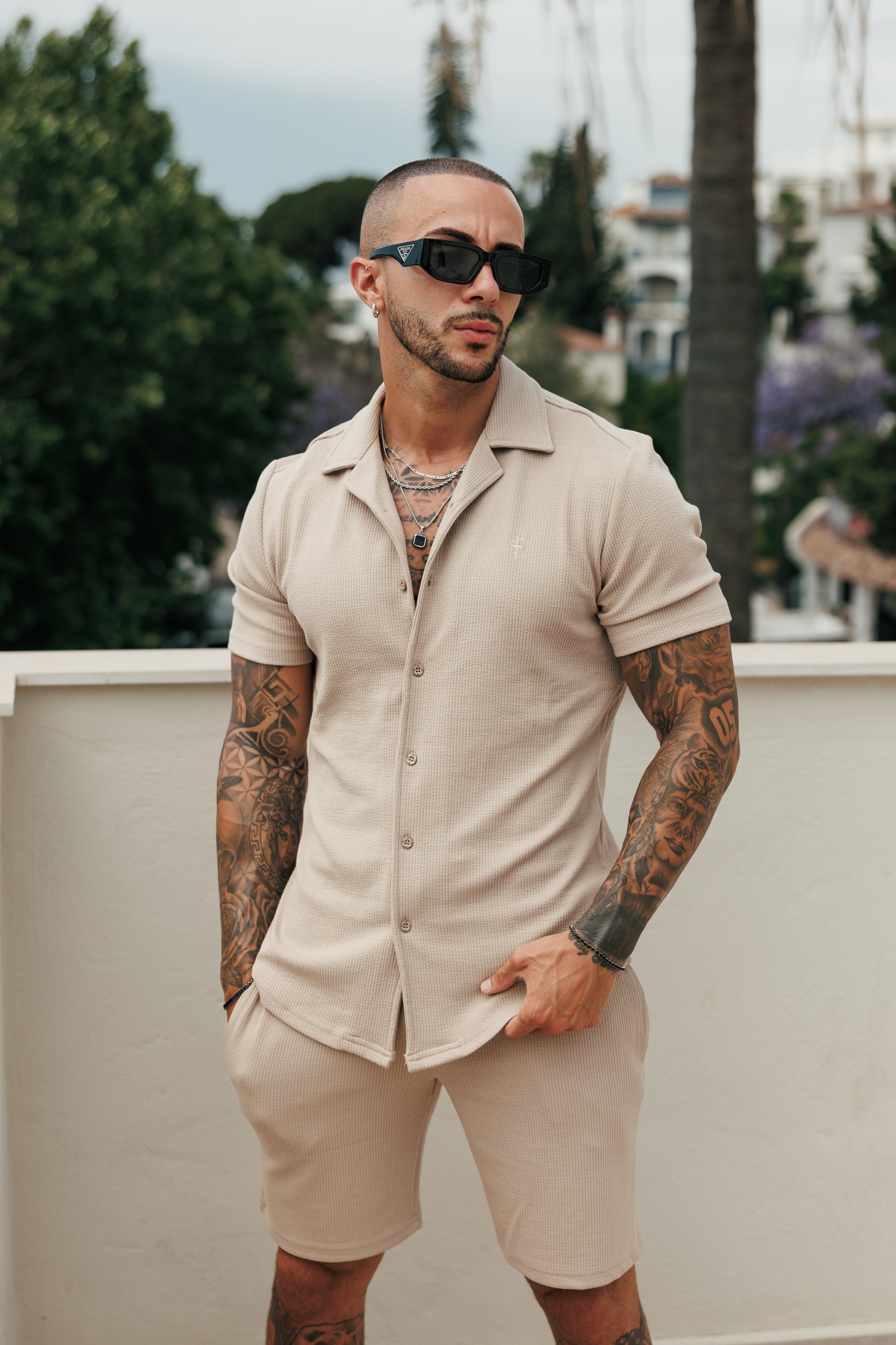 Jersey Cord Stretch Beige Revere Shirt Short Sleeve - FSR073