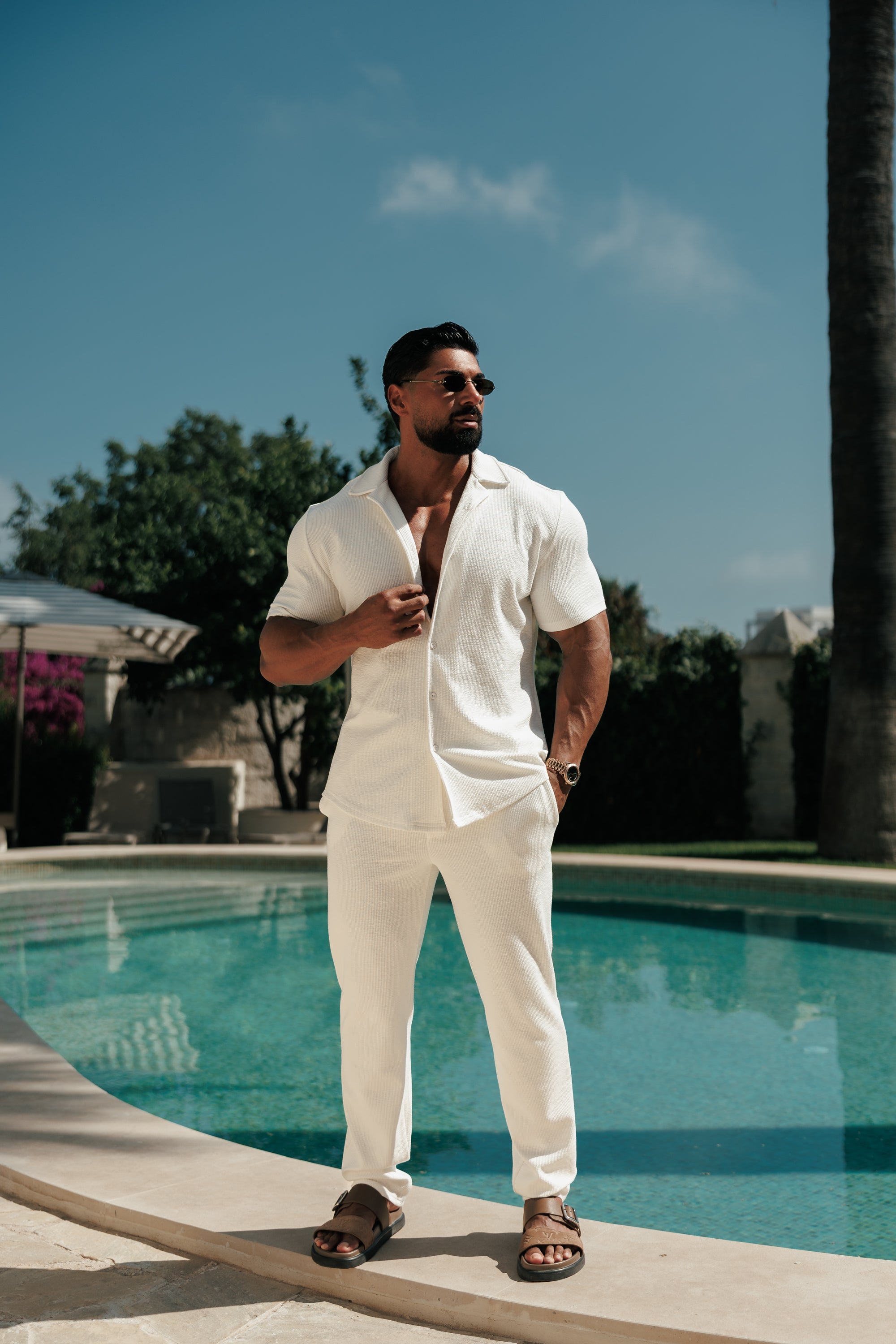 Jersey Cord Stretch White Revere Shirt Short Sleeve - FSR069 (PRE ORDER 18TH JULY)