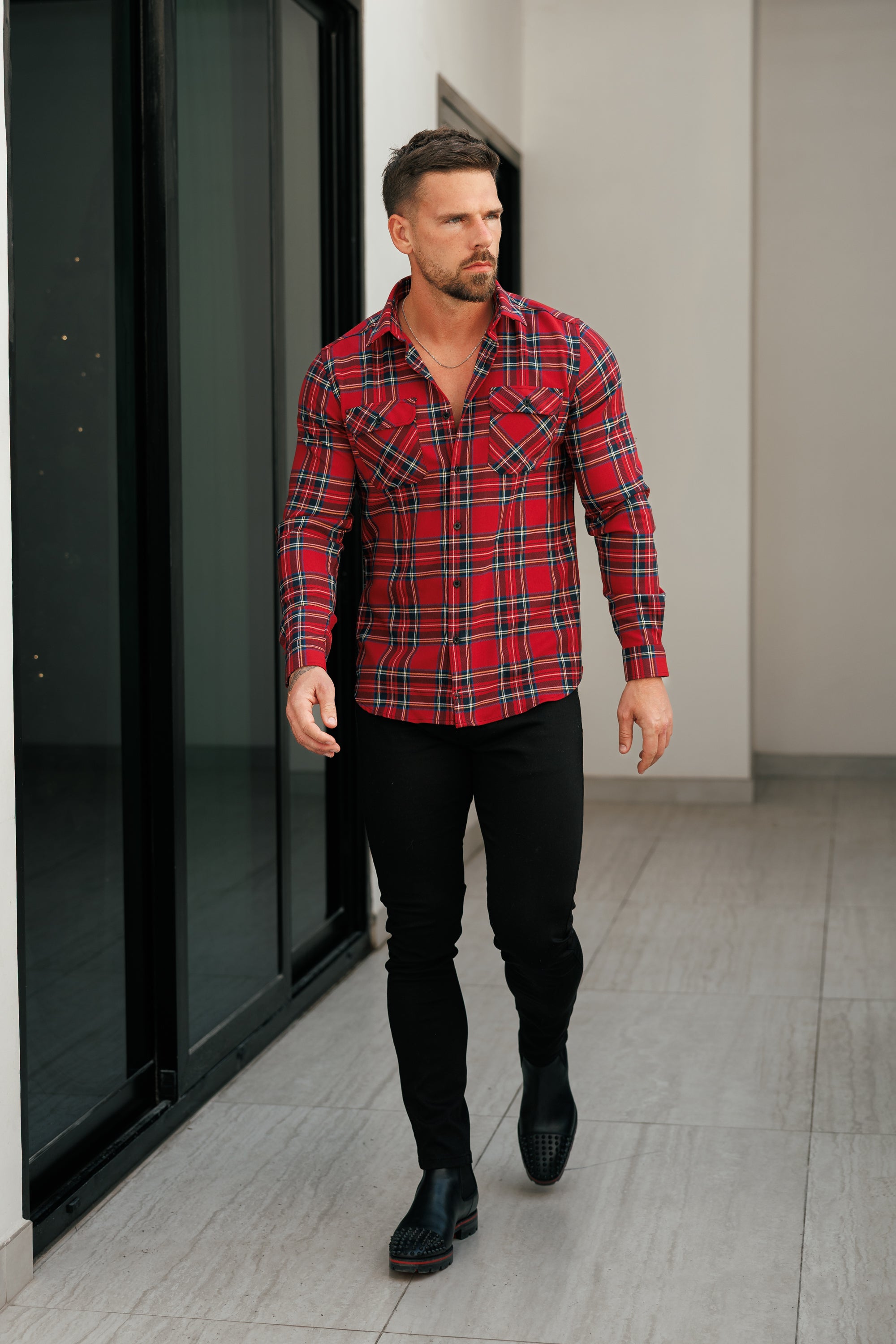 Red Tartan Check Shacket With Double Pockets - FS1036