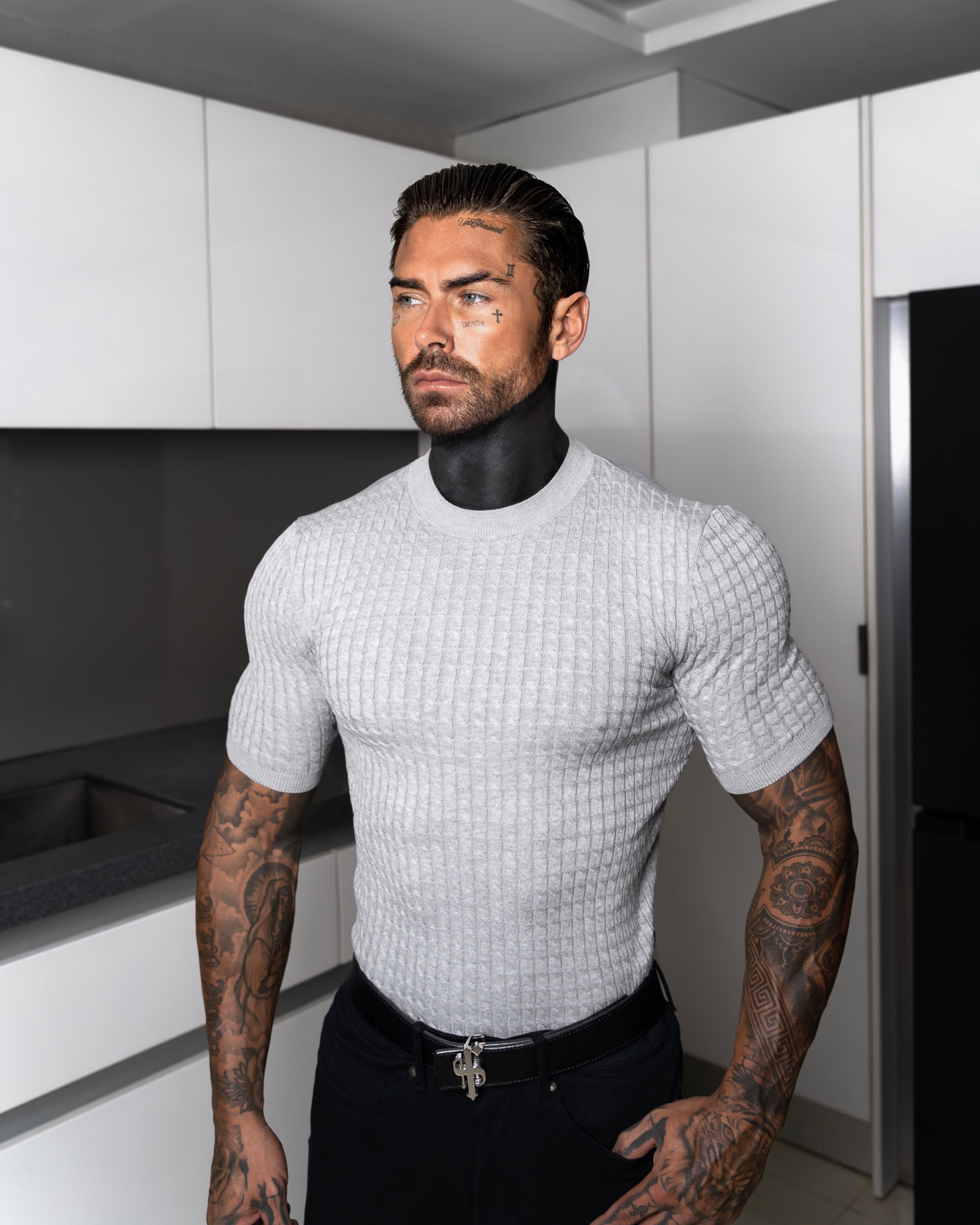 Front Chain Knit Crew Tshirt Silver Grey Short Sleeve  -  FSR056