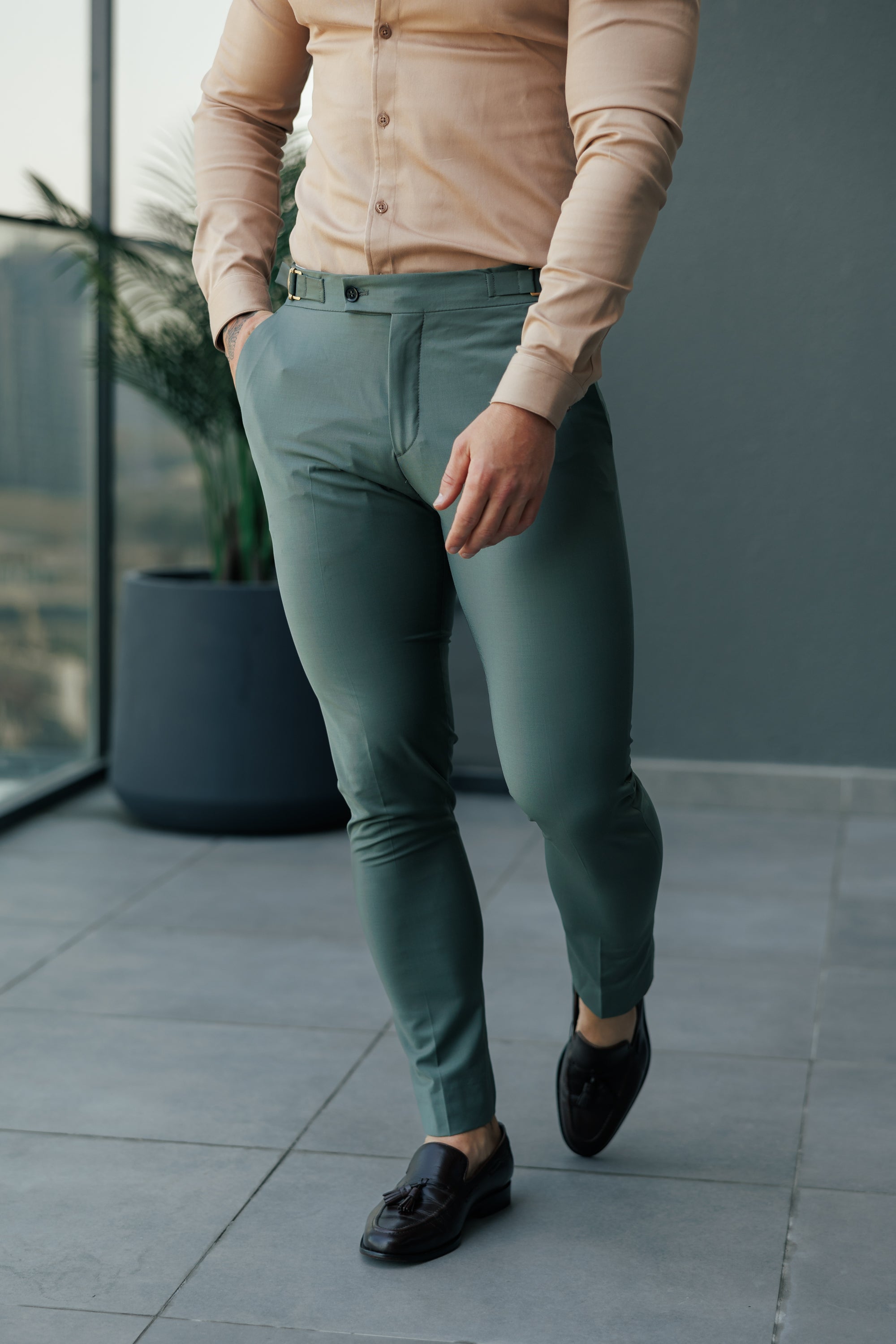 Slim Formal Khaki Stretch Trousers with Side Adjusters - FST026