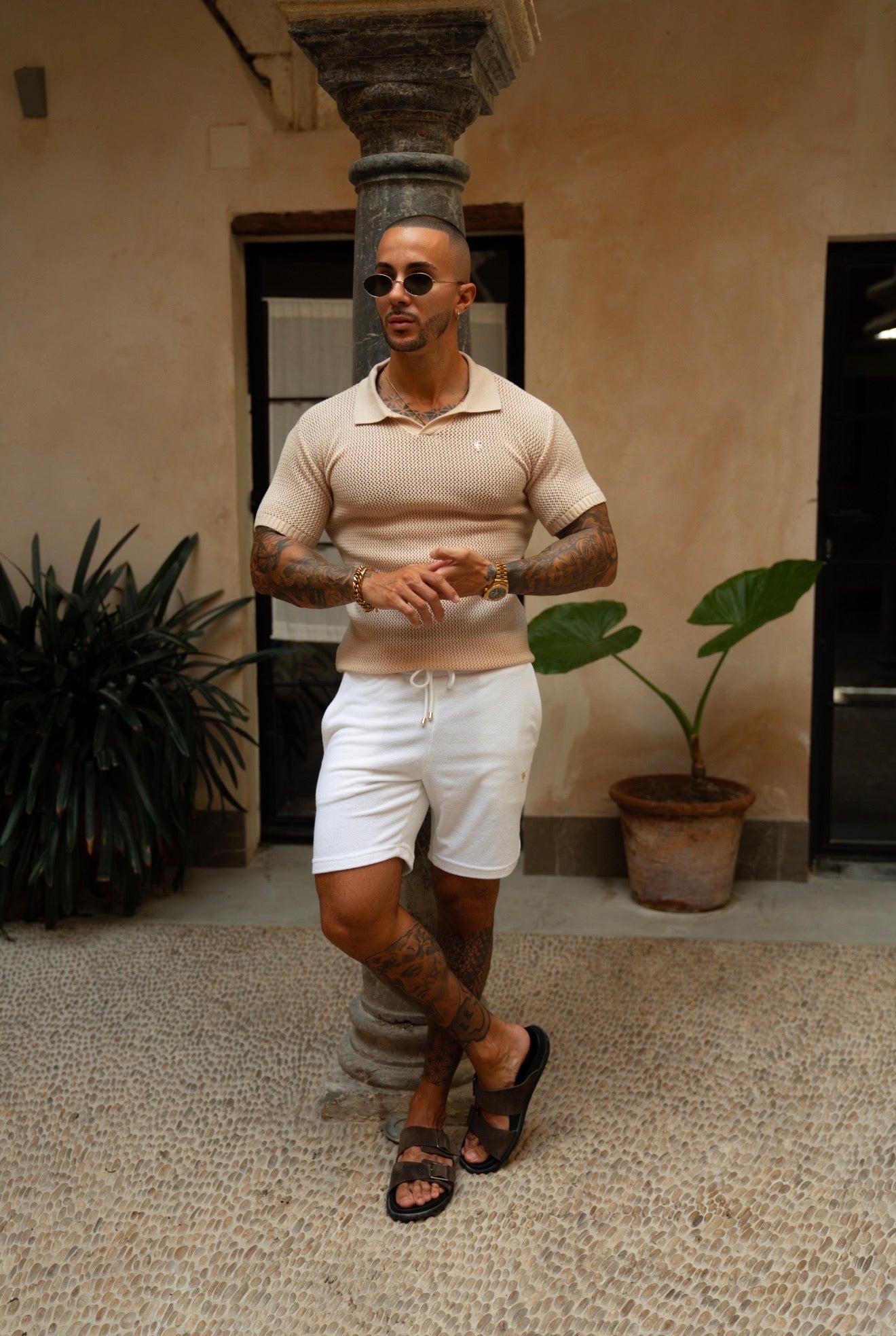 Beige / Gold Plain Crochet Knitted Revere Short Sleeve Polo - FSJ178 (PRE ORDER 29TH AUGUST)