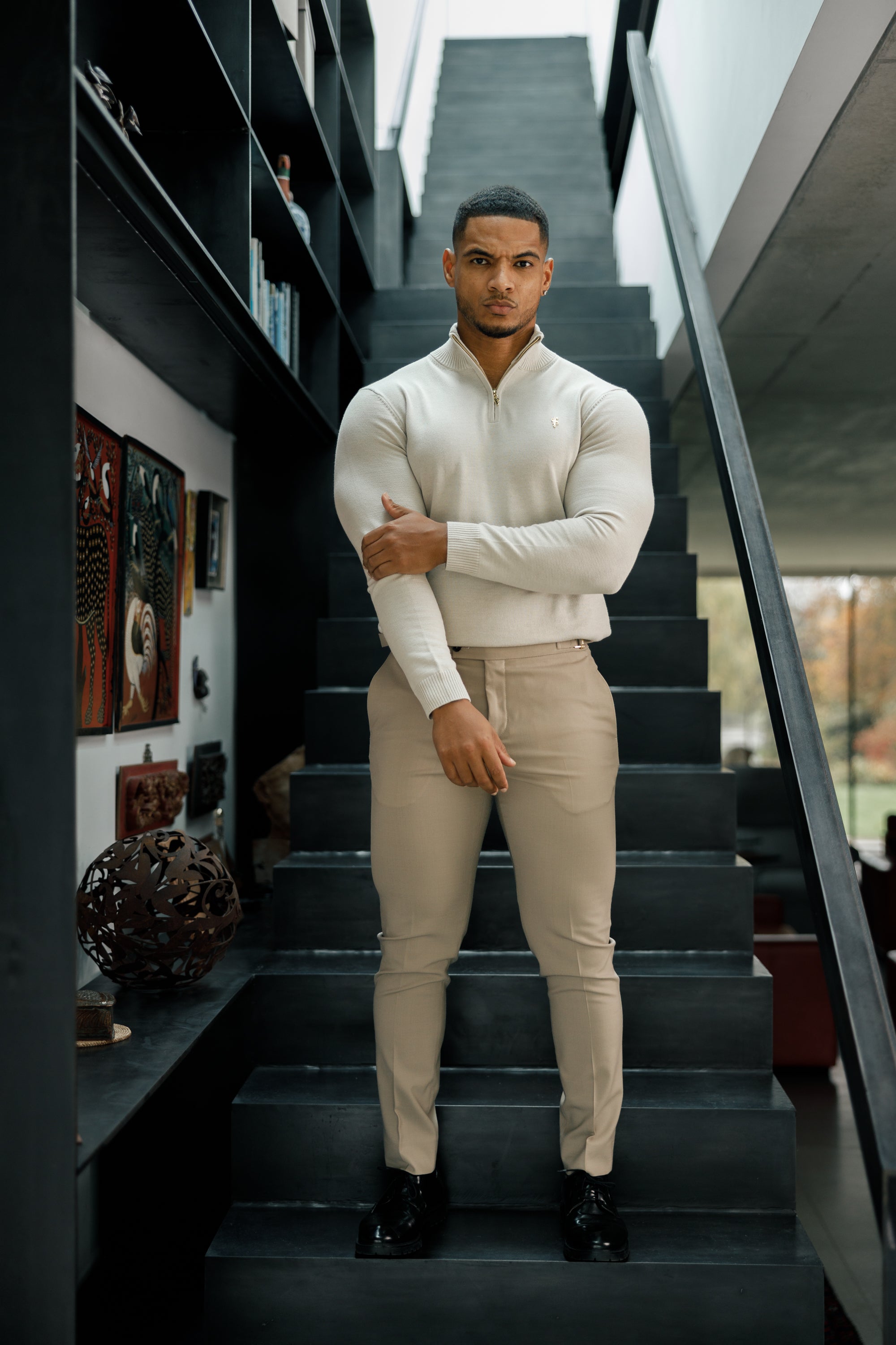 Slim Formal Beige Stretch Trousers With Gold Waist Adjusters - FST017