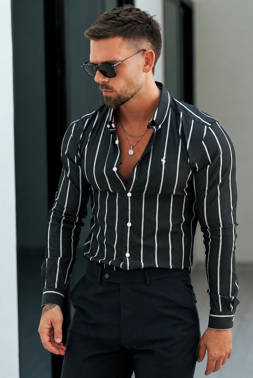 Super Slim Stretch Charcoal / White Printed Wide Stripe Long Sleeve with Button Down Collar - FS1224 (PRE ORDER 20TH OCTOBER)