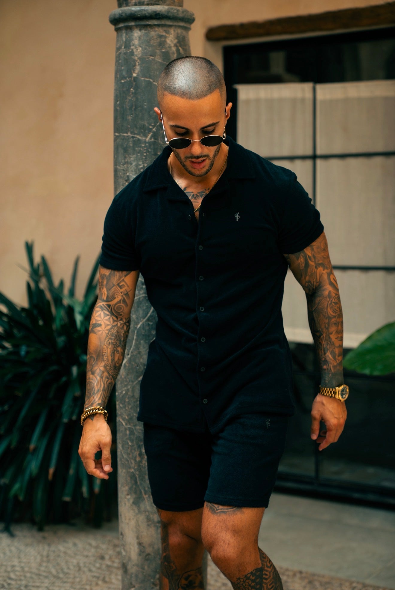 Black Towelling Revere Shirt Short Sleeve - FSH1493