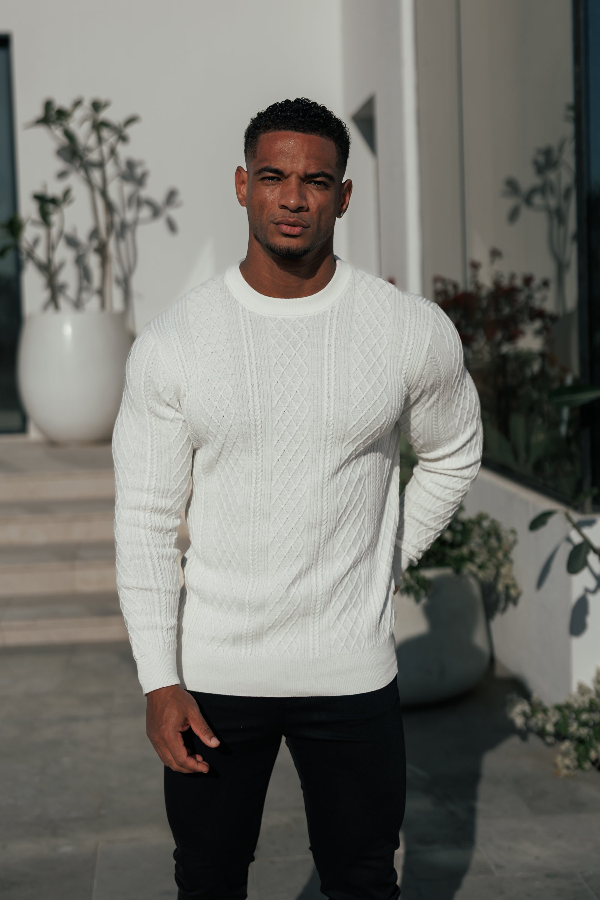 Fine Knit Diamond Off White Jumper Long Sleeve  -  FSA005
