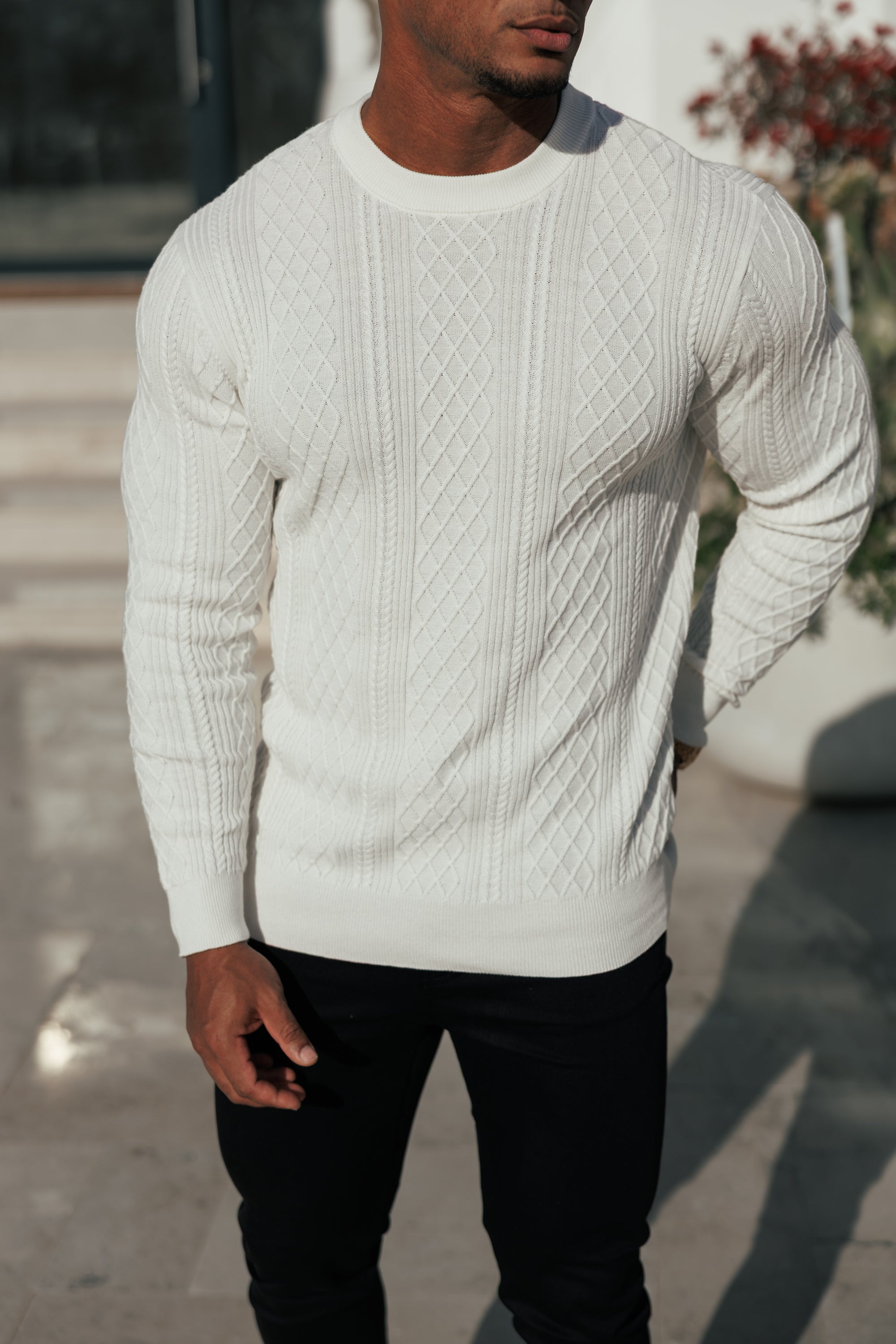 Fine Knit Diamond Off White Jumper Long Sleeve  -  FSA005