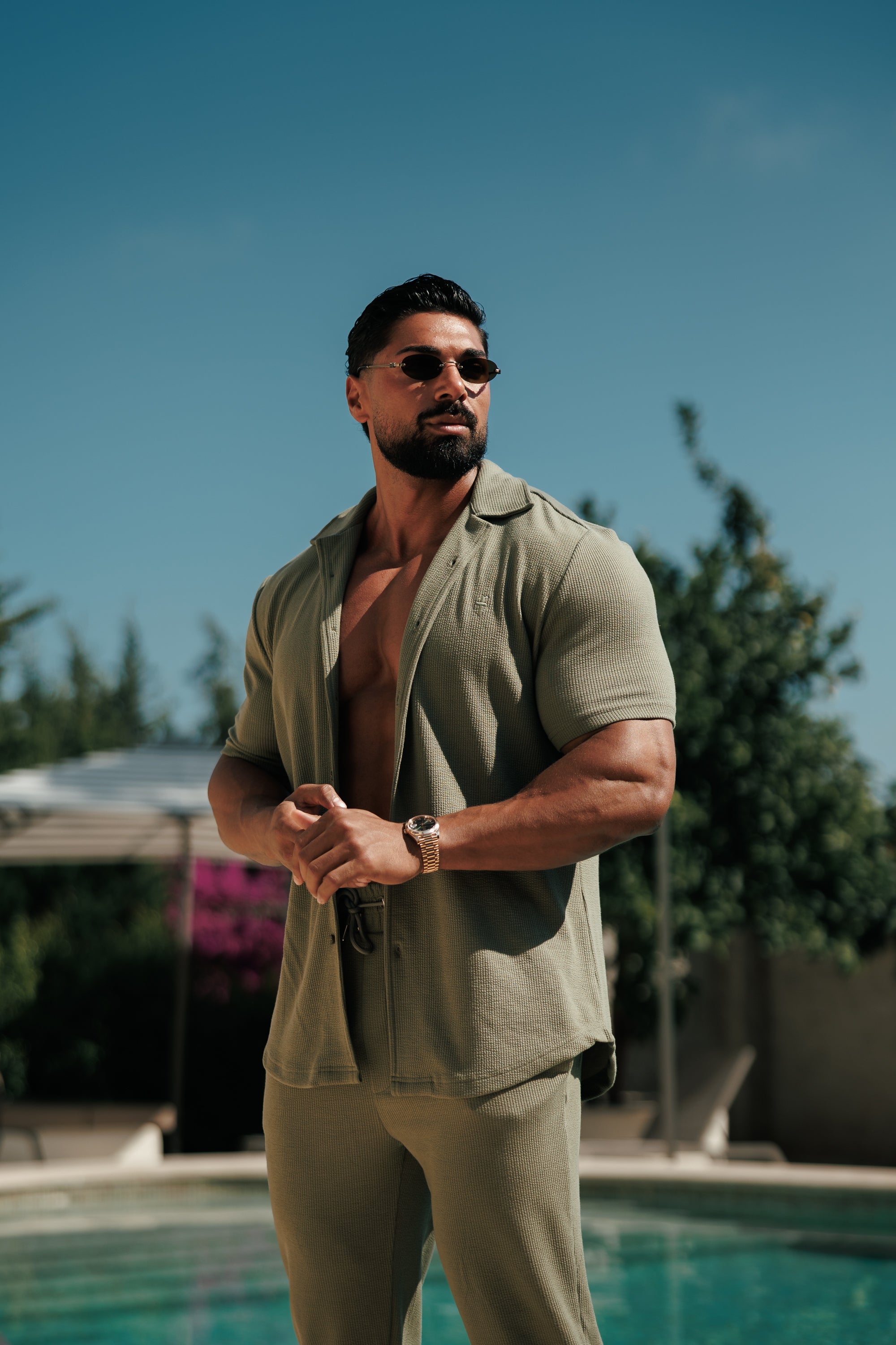 Jersey Cord Stretch Olive Revere Shirt Short Sleeve - FSR072