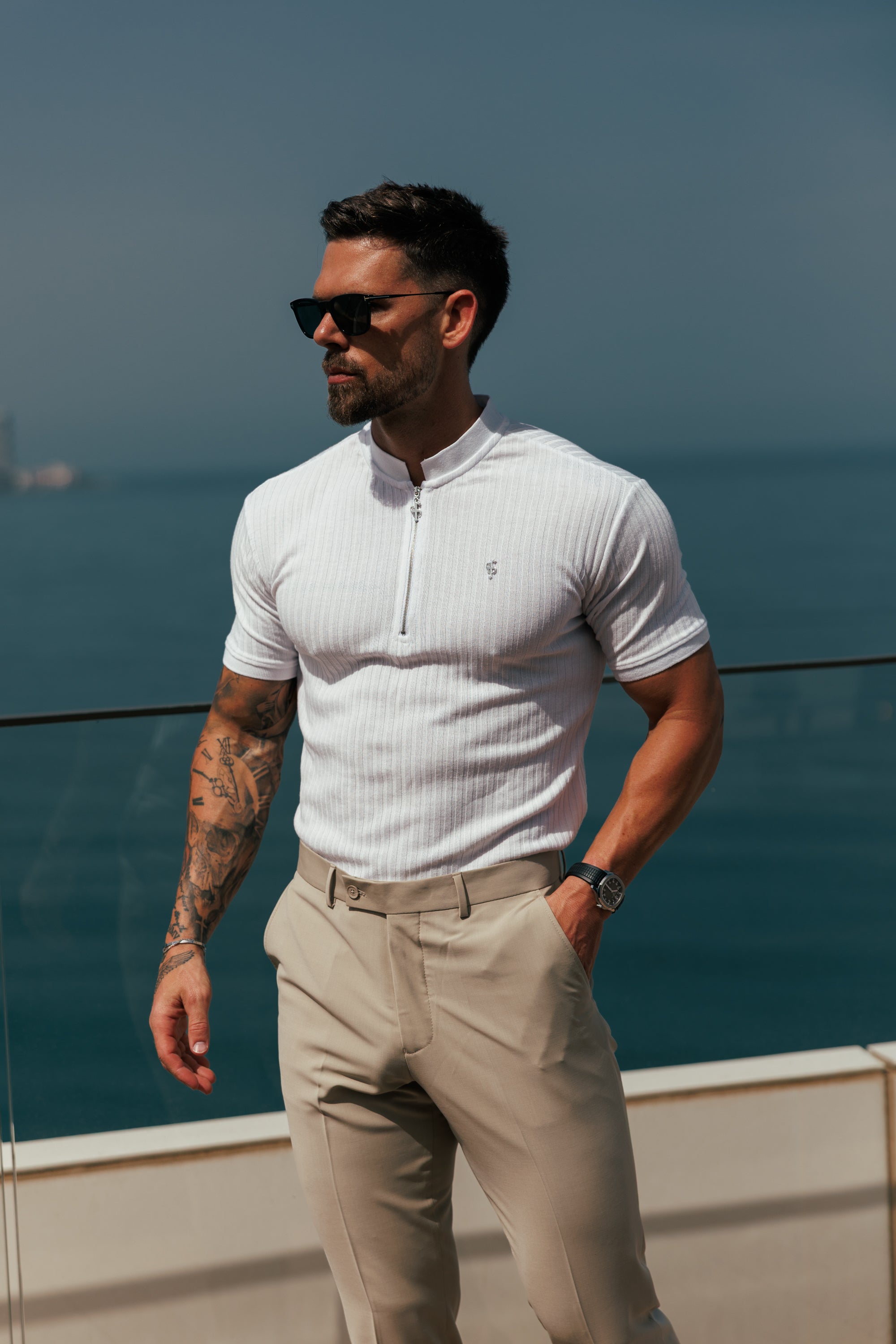 Classic White / Silver  Ribbed Zip Grandad Collar Shirt Short Sleeve - FSH1447