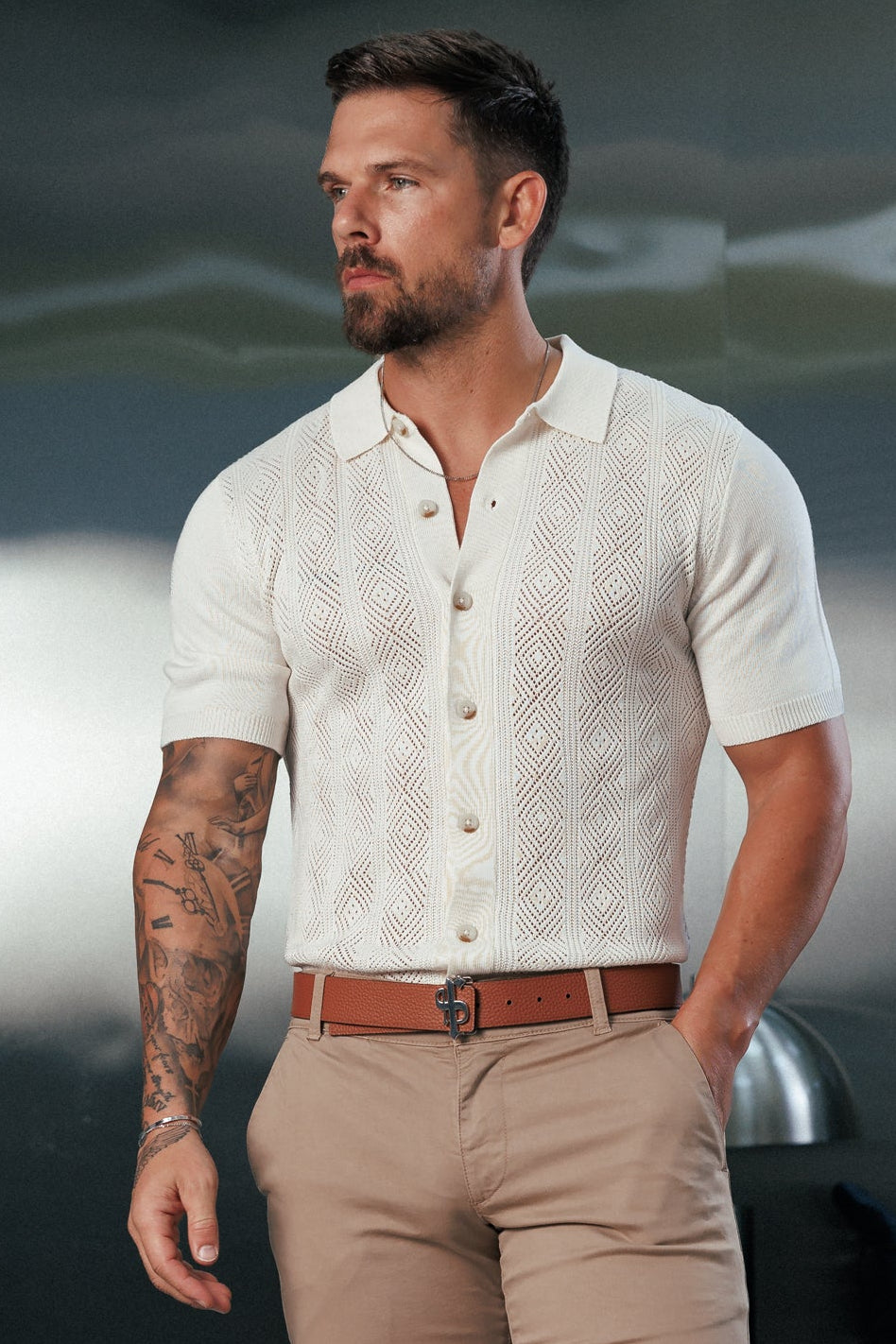 Cream Diamond Stripe Perforated Shirt Short Sleeve - FSA024