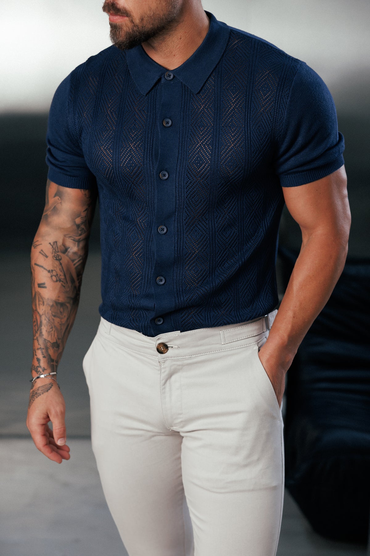 Navy Diamond Stripe Perforated Shirt Short Sleeve - FSA023