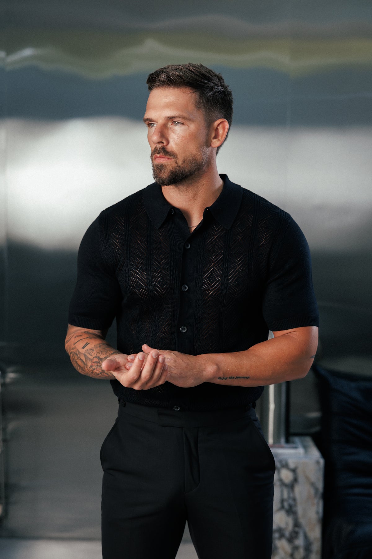 Black Diamond Stripe Perforated Shirt Short Sleeve - FSA022