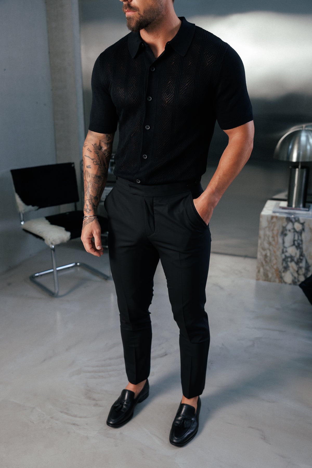 Black Diamond Stripe Perforated Shirt Short Sleeve - FSA022