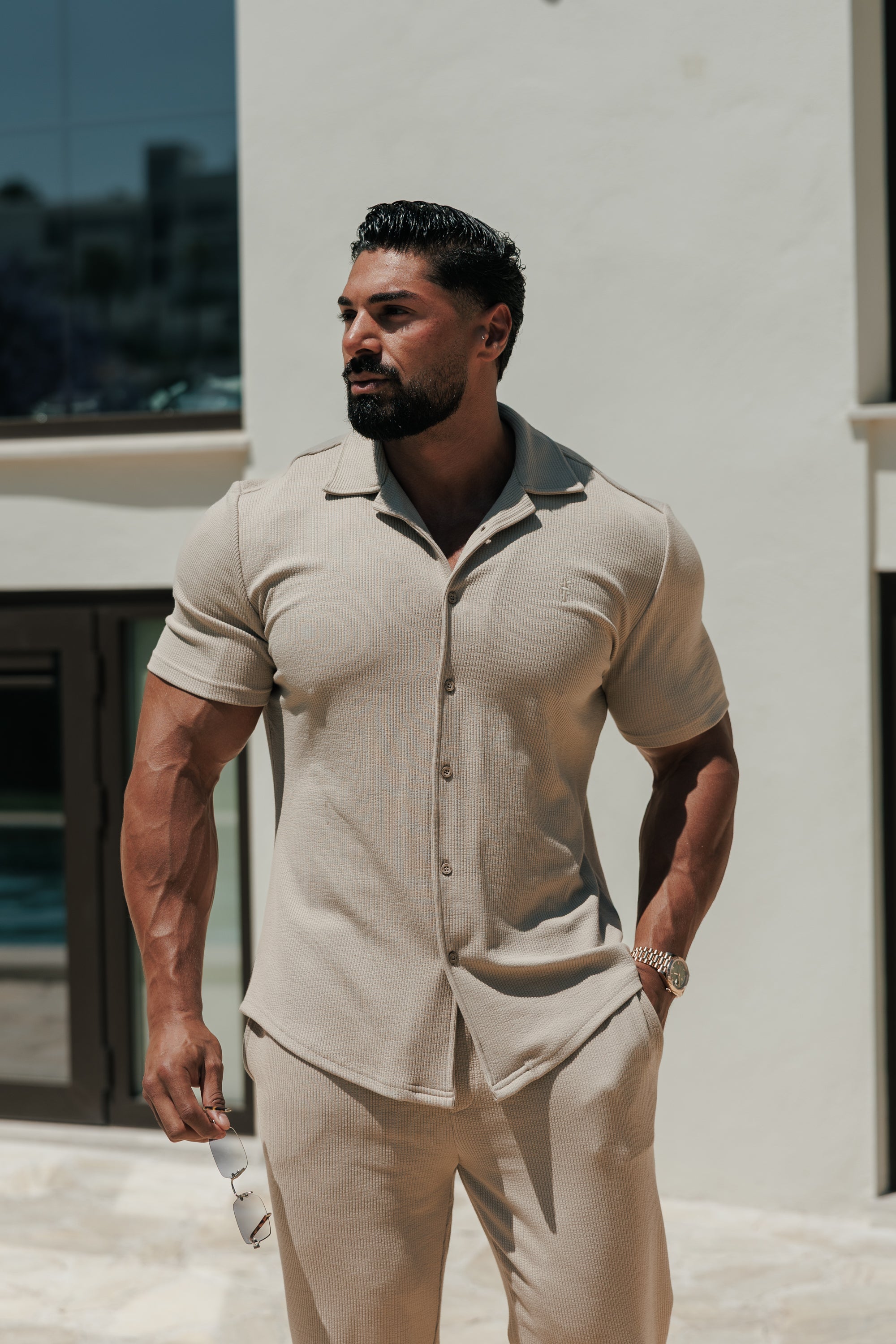 Jersey Cord Stretch Beige Revere Shirt Short Sleeve - FSR073 (PRE ORDER 27TH JULY)