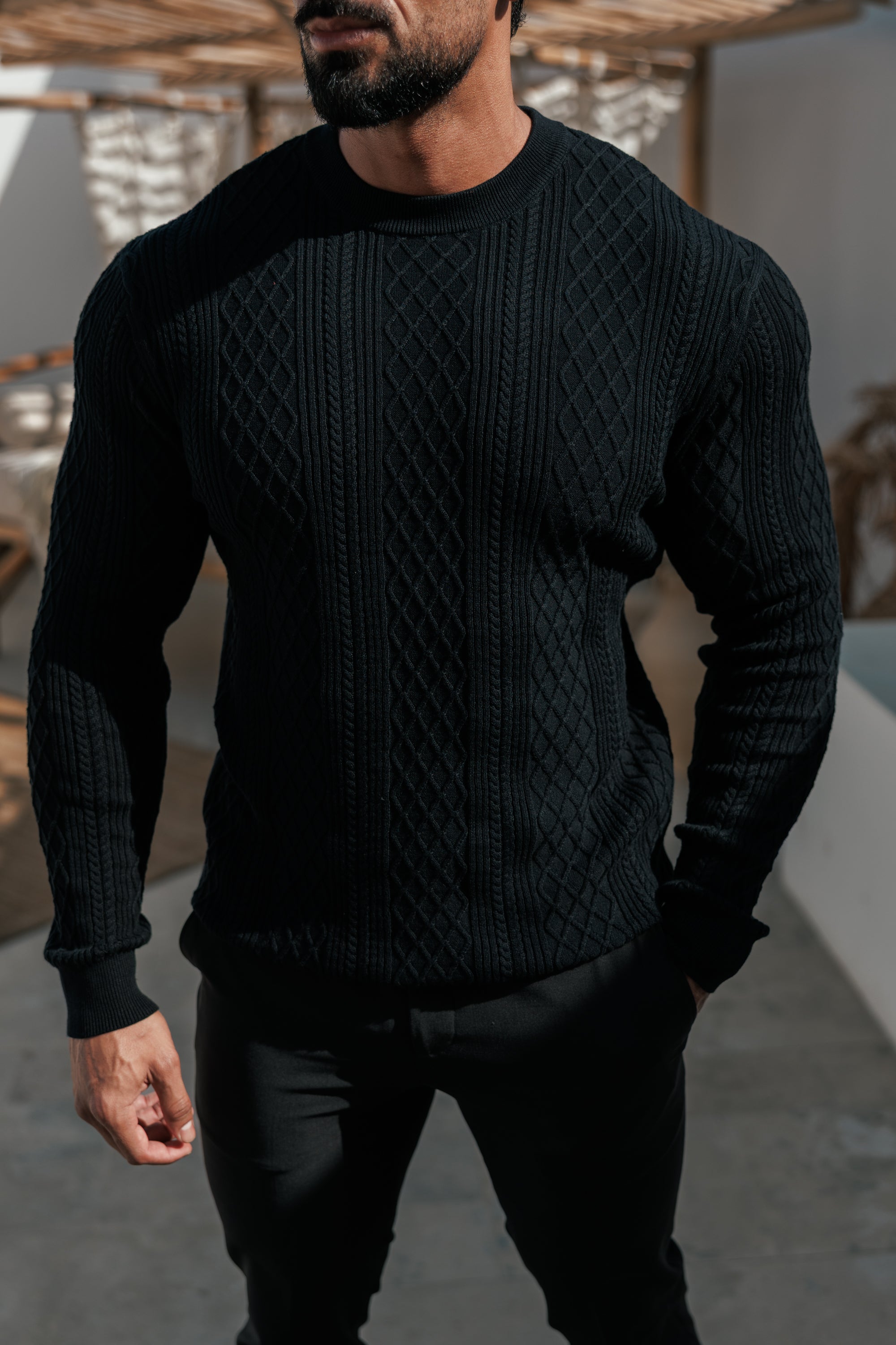 Fine Knit Diamond Black Jumper Long Sleeve  -  FSA006
