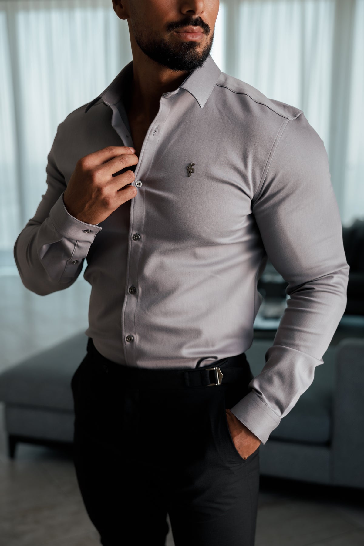 Super Slim Stretch Mid Grey Denim Long Sleeve with Silver Metal Decal and Cutaway Collar - FS1319