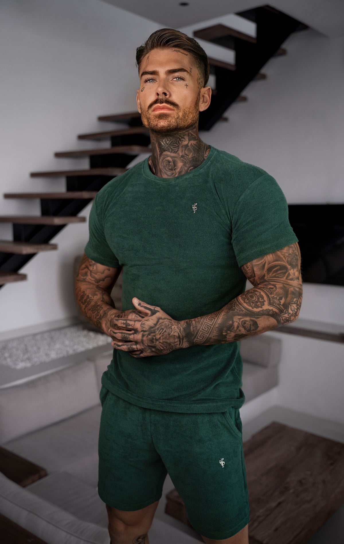 Forest Green / Silver Towelling Crew T Shirt - FSH1347 (PRE ORDER 12TH OCTOBER)