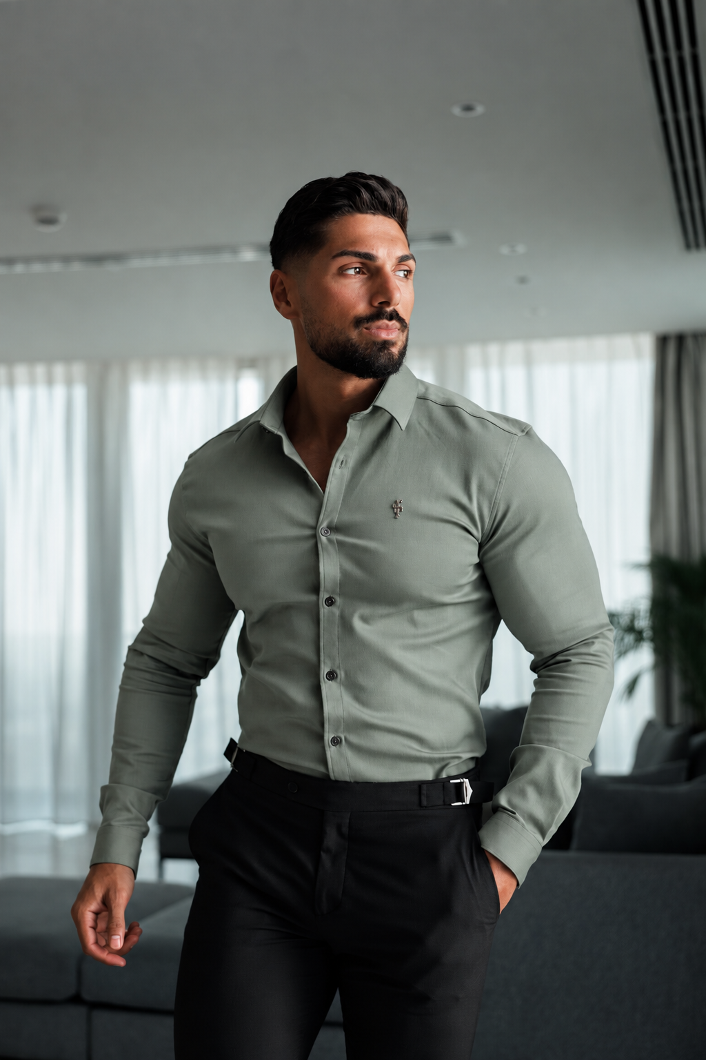 Super Slim Stretch Sage Green Denim Long Sleeve with Silver Metal Decal and Cutaway Collar - FS1318
