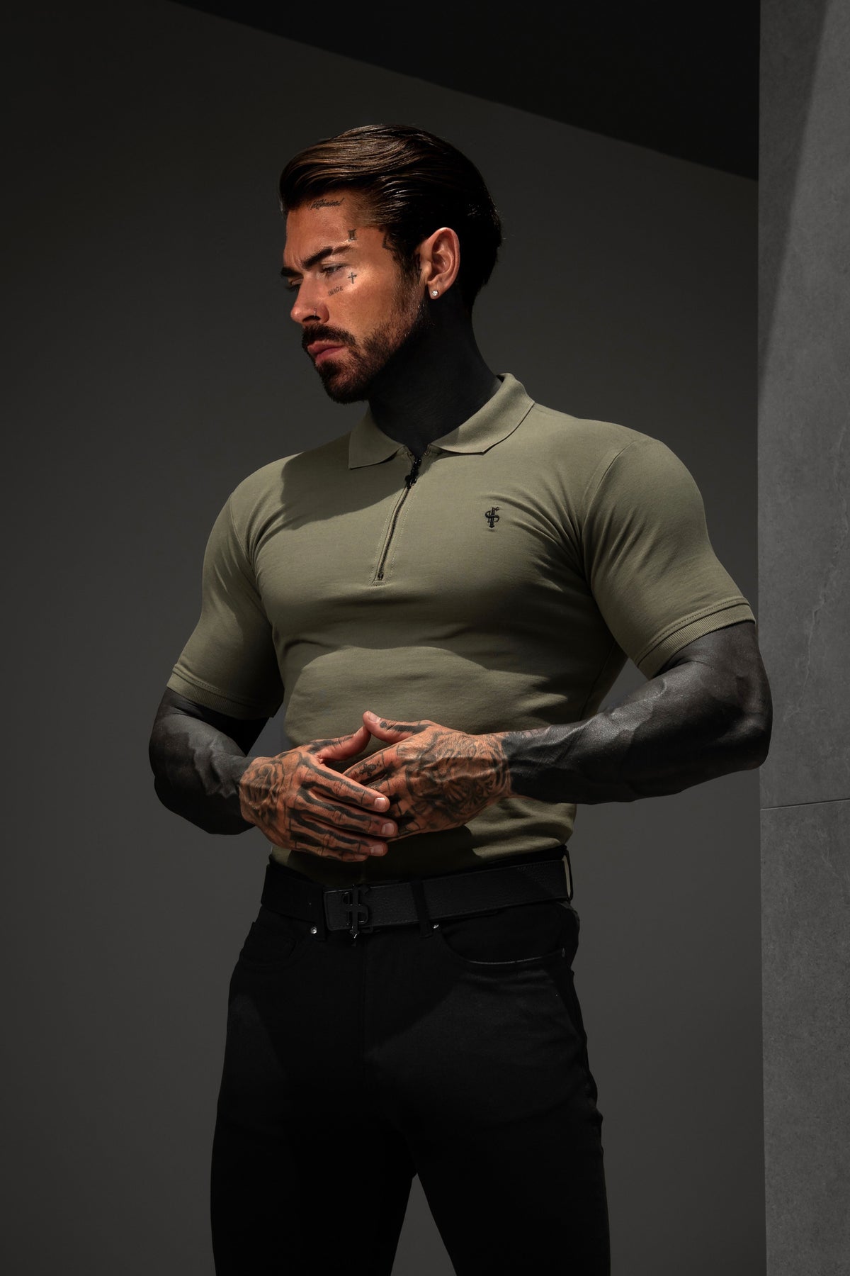 Classic Olive and Black Zipped Polo Shirt - FSH1536