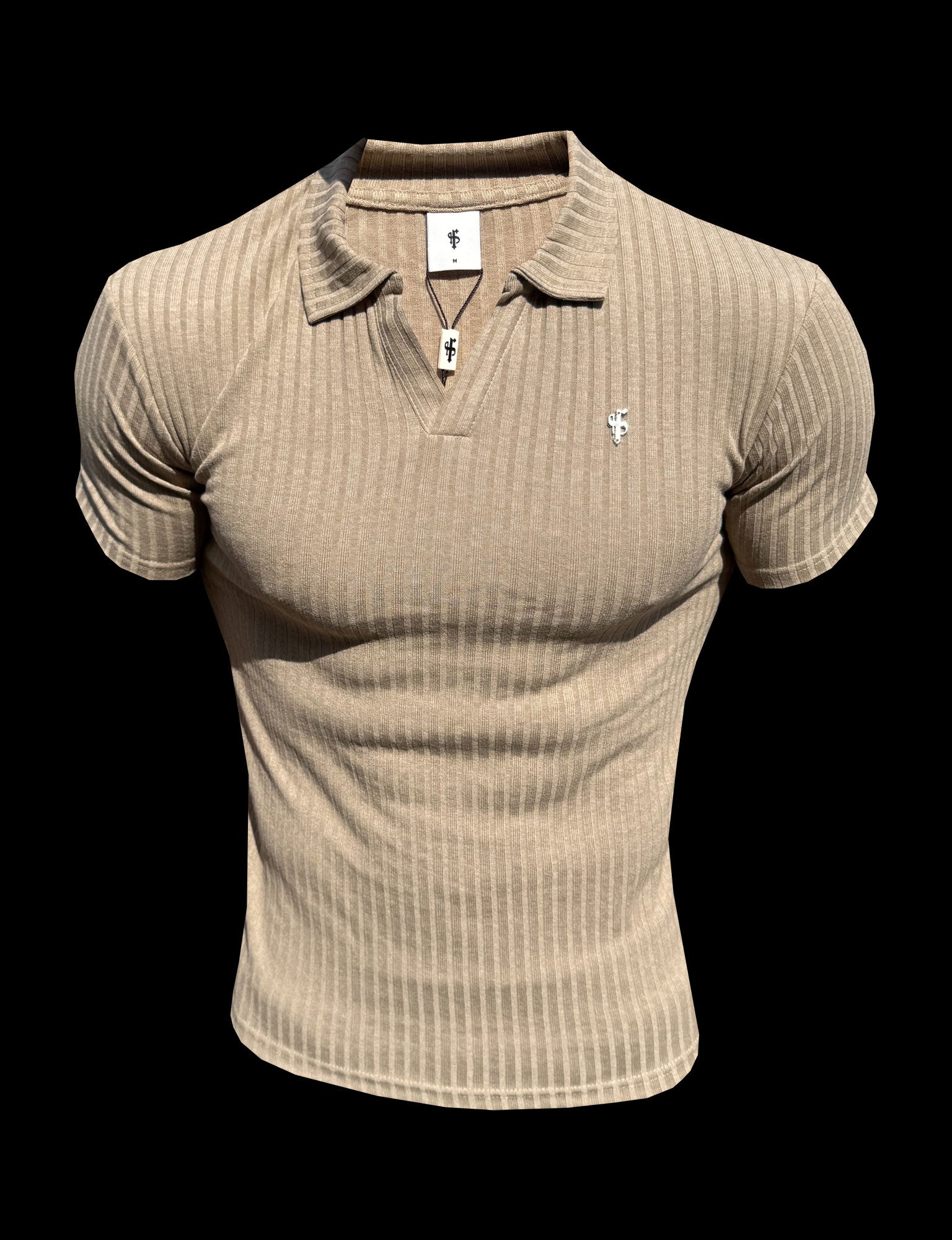 Taupe / Silver Ribbed Revere Short Sleeve Polo Shirt - FSH1467