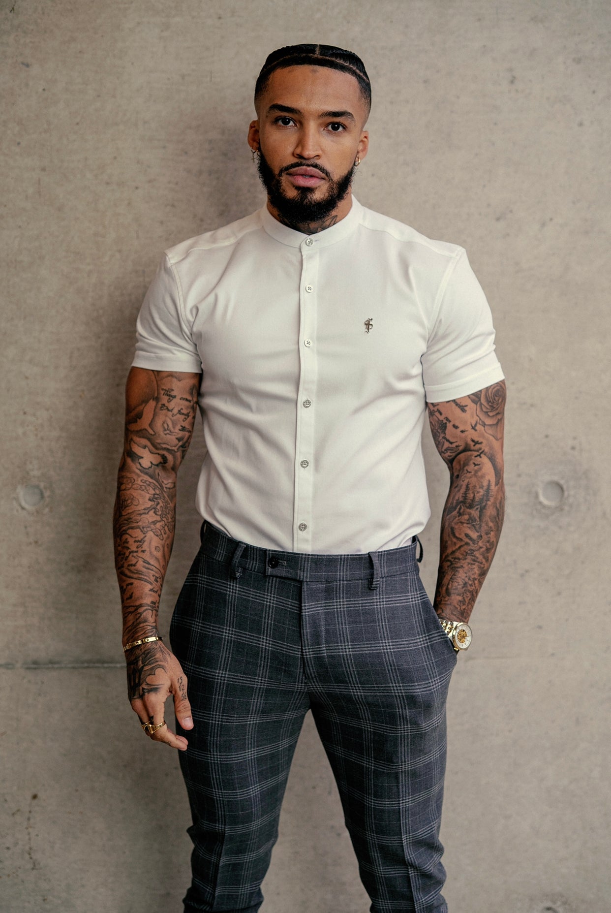 Slim Formal Large Silver Grey Check Stretch Trousers - FST005